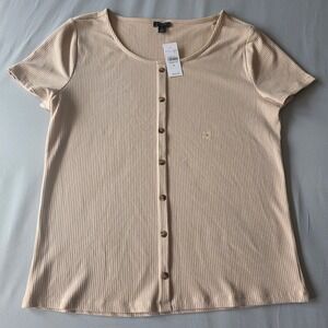Ann Taylor Womens size Med Button Front Ribbed Knit Top Beige Short Sleeve basic